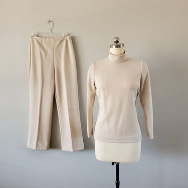 1970s 2pc Pantsuit with Turtleneck Top 70s Knit Set 70's Women's Vintage Size Medium 
