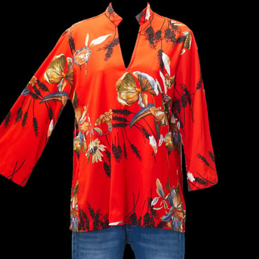 Vintage 1970s Red Shirt | 70s Boho Floral Print Tunic | Medium | 12 