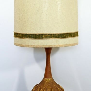 Mid Century Modern Wood & Green Ceramic Table Lamp Orig Shade Finial 1960s 