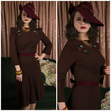 1940s Dress  - Fantastic Early 40s Rich Brown Rayon Day Dress with Floral Beadwork and Puffed Shoulders 