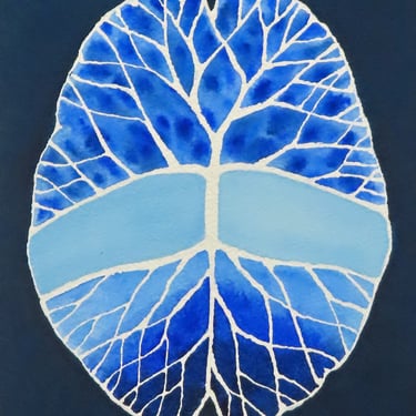 Blue Root and Branch Brain -  original watercolor painting - neuroscience art 
