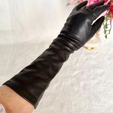 Black Leather Gloves, 14 in. Length, Vintage  50s 60s, Rockabilly, Pin Up 