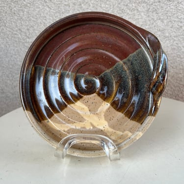 Vintage bohemian Studio art pottery small platter plate brown tones signed size 7.5” x 1 1/4” 