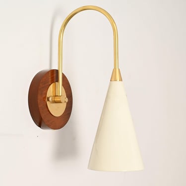 MCM style Brass , Wood and Enameled Metal Shade Wall Sconces 