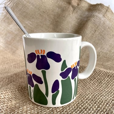 Vintage 1980's Floral Mug, Purple Green Orange Iris by CHD, Nina - Bold Graphics, Gardener Grandmother Gift, Office Mug, Planter Pot 