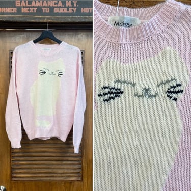Vintage 1980’s Pink and White Cartoon Cat Lurex New Wave Sweater, 80’s Pullover, Vintage Clothing 