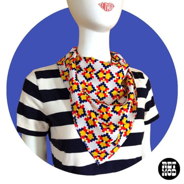 Geometric Vintage 60s 70s Yellow Blue Red White Shapes Head Scarf 