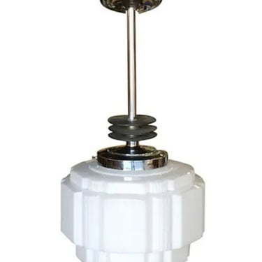 Art Deco Ceiling Pendant with School House Stepped Glass Globe 