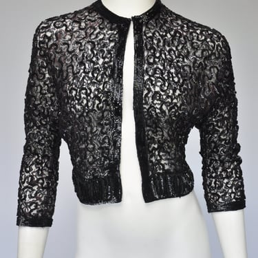 vintage 1950s black lace & sequin shrug top shirt party XS/S 