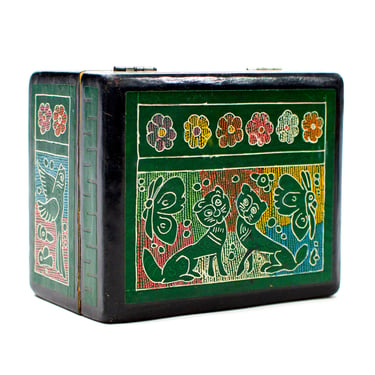 VINTAGE: Hand Etched Wood Box - Cats, Birds, Flowers, Trinket - Ring Box - Jewelry Box - SKU 24-B-00011062 