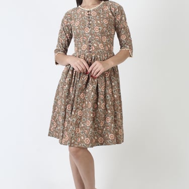 Brown Cotton 50s Rockabilly Dress, Full Skirt Autumnal Print, Old Fashion High Waist 