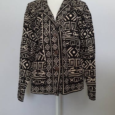 Vintage late 1980's early 1990's Chicos Black and Ivory Thin Cotton Tribal Blazer 