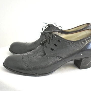 1930s Black Leather Lace Up Heeled Oxford Shoes, Size 7 - 7.5 Narrow 
