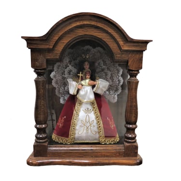 Religious Icon | Turn of the Century Wax Madonna and Child in Oak and Glass Case 