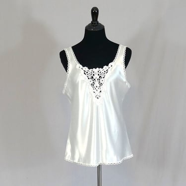 90s White Satin Camisole - Lace Trim - Cami Blouse Slip - Linda - Vintage 1990s - Size S 