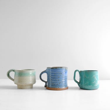 Vintage Set of 3 Vintage Ceramic Stoneware Coffee or Tea Mugs in Blue and Green 