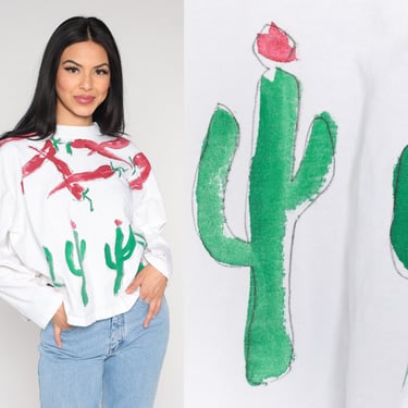 90s Southwestern Shirt Hand Painted Chili Pepper Cactus Tshirt Southwest Shirt Graphic Tee Desert Boho Long sleeve Top White Oversize Large 