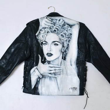 90s Vintage Black Leather Motorcycle Jacket Madonna XS Small// Vintage Black Leather Jacket Airbrushed Painted Music Pop Icon LA roxx Vouge 