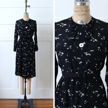 vintage 1930s deco dress • black & white silk abstract floral pattern day dress 