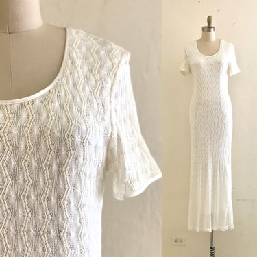 vintage 80's white knit lace maxi dress 
