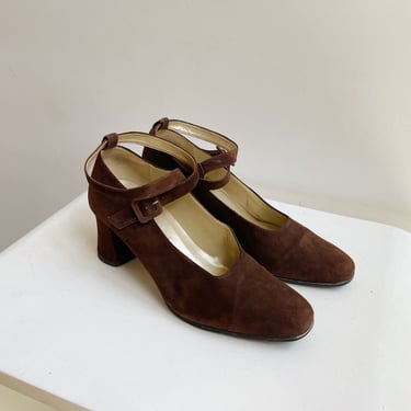 Chestnut Suede Mary Jane Mules | Size 8