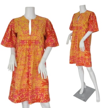 Mexican 1970's Orange Yellow Batik Bird Print Cotton Caftan Smock Dress I Sz Med I La Casa de Josefa 