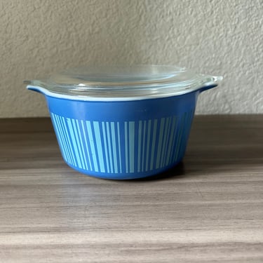 Vintage 1960s Pyrex Blue Stripe Barcode 473 Round Casserole Dish with Lid, Pormotional Pyrex 