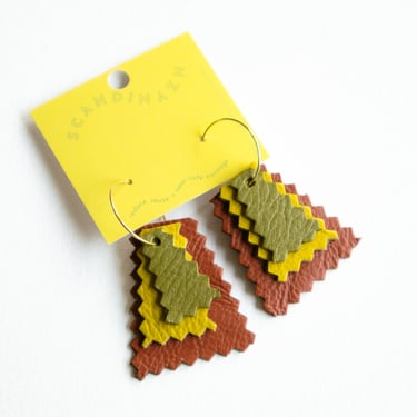 Terracotta + Olive Maltigliati Hoop Earrings - Layered Reclaimed Leather Zigzag Earrings 