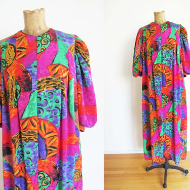 Vintage 80s David Brown Hot Pink Mumu Caftan Dress OS - 1980s Colorful Abstract Print Womens Silky Bold Print Dress 