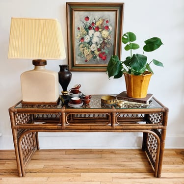 Rattan and Glass Sofa Table