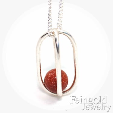Silver Necklace with Goldstone Sphere Pendant - Sterling Silver Chain - Free US Shipping 