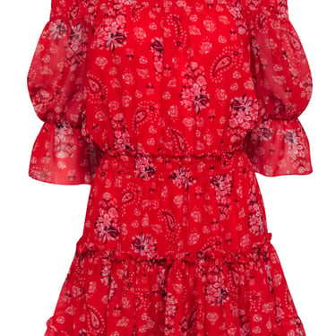 MISA Los Angeles - Red Print Smocked Waist Mini Dress Sz M