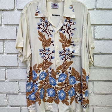 Vintage 1950s Duke Kahanamoku Border Print Rayon Hawaiian Tiki Shirt XL Extra Large Mens, Mans 