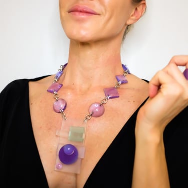 SeaGlass Geometric Necklace – Purple Lucite & Resin Statement Piece with Aqua Accents, One-of-a-Kind by Chofa x CB 