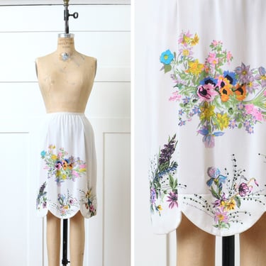 vintage 1960s half slip • white scalloped nylon lingerie slip with bright floral bouquet print 