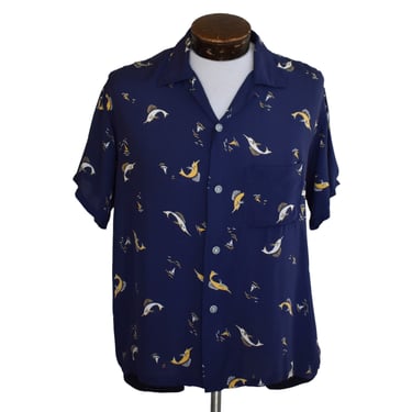 Vintage 40s Men's Blue Cold Rayon Shirt, 1940s Marlin and Sailboat Print Button Front, Blocks Southland Sportswear, Size Large 