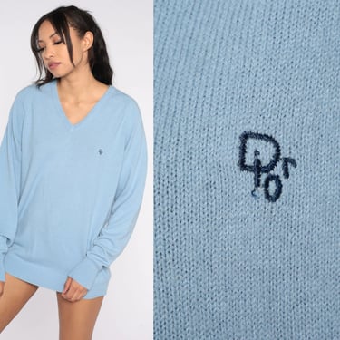 Baby Blue Dior Sweater 90s V Neck Christian Dior Slouchy Acrylic Pullover Designer Knitwear Pastel Summer Sweater Vintage 1990s Mens Large 