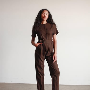 1980s Chocolate Raw Silk Jumpsuit 