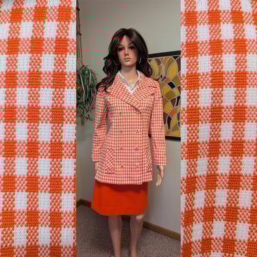 Vintage 1970s Red & White Gingham Checked Double Breasted Polyester Blazer Jacket with Red A-line Skirt / 60s 70s Matching Set Skirt Suit 