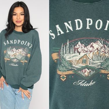 Sandpoint Idaho Sweatshirt Green Striped Crewneck Shirt Travel Slouchy Tourist Graphic 90s Sweater Vintage Pullover 1990s Extra Large xl 