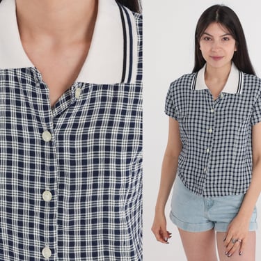 Navy Checkered Shirt Blue Plaid Shirt 90s Button Up Blouse Short Sleeve Check Print Top Vintage White Collar Preppy Small Medium 