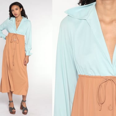 70s Maxi Dress Mod Nightgown Vanity Fair Button Up Empire Waist Color Block Dress Baby Blue Brown Boho 1970s Long Sleeve Vintage Medium 