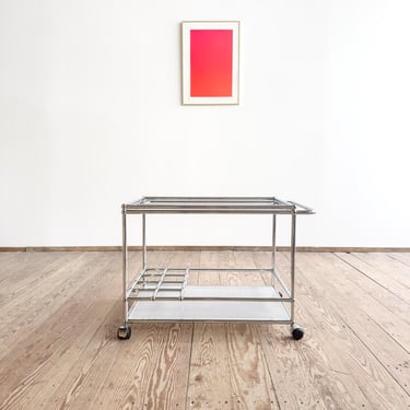 USM Haller Bar Cart / Tea Trolley / Serving Trolley, White Metal, Chrome & Glass with Bottle Rack,m Design by Fritz Haller, Switzerland 