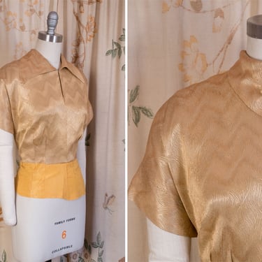 1930s Blouse - Lustrous Vintage 30s Blouse of Gold Satin Flame Brocade with Large Collar 