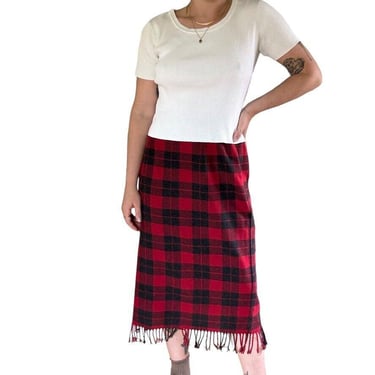 Vintage Womens Briggs Red Gray Plaid Tartan Fringe High Waisted Skirt Christmas 