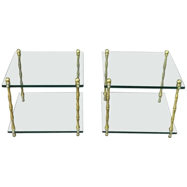 Faux Bamboo Brass Baguès Style Glass and Brass Square Low End Side Tables, Pair