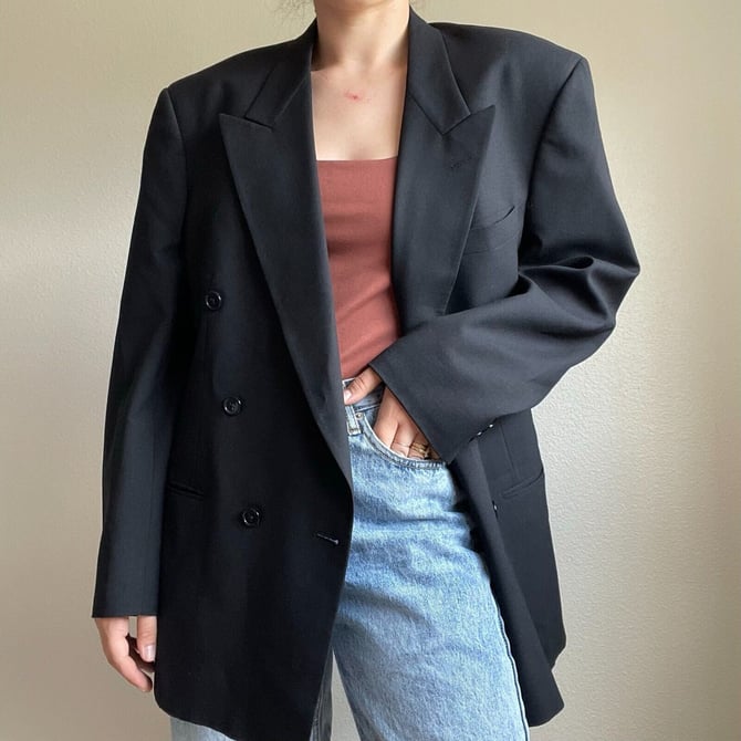 Vintage Christian Dior Black Wool Double Breasted Oversized Blazer Sz 41R 