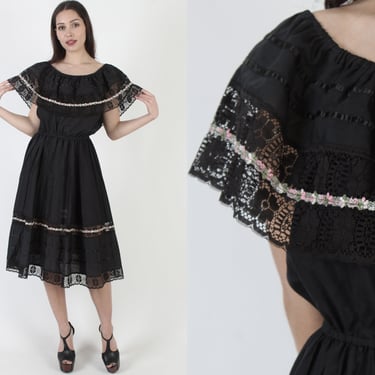 Black Mexican Off The Shoulder Fiesta Dress Bright Embroidered Party Dress Crochet Lace Trim Quinceanera Style Dress Midi 