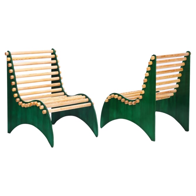Pair of Ergonomically Shaped Green Framed Chairs with Oak Rods