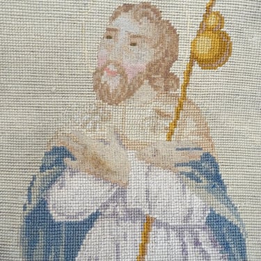 Antique 1800's  Needlepoint Petit Point of Saint James, Vintage Religious Church Needlework 